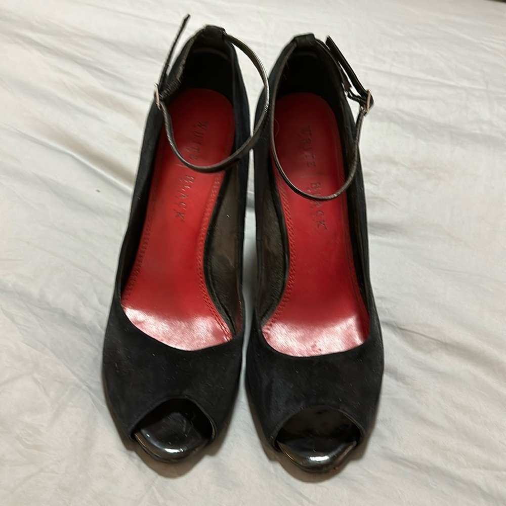 White House Black Market black suede animal print wedges